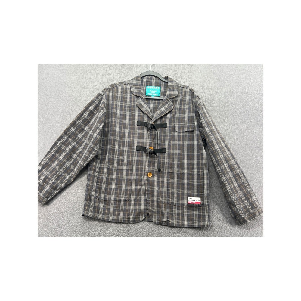 Tyakasha Flower Man Jacket Mens Sz M Grey Plaid Buckle Closure Chore